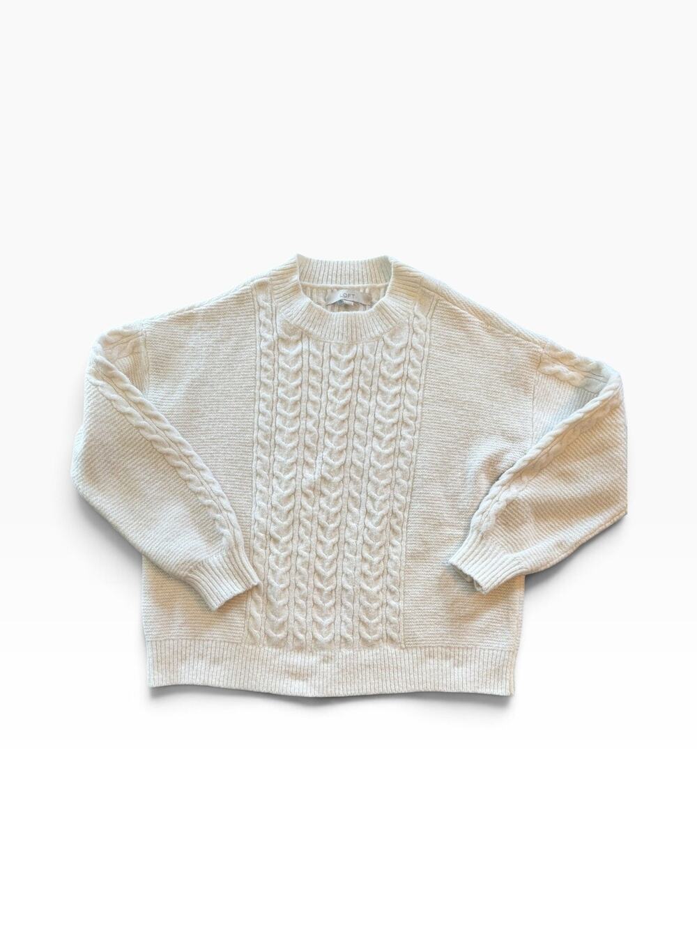 LOFT Women’s Large Ivory Cable Knit Sweater Wool Blend Crewneck Pullover large